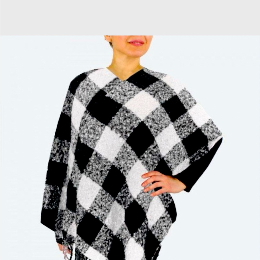 Fall New Poncho Cozy Buffalo Plaid Poncho Fringe Tassels,  Oversized Woven Knit